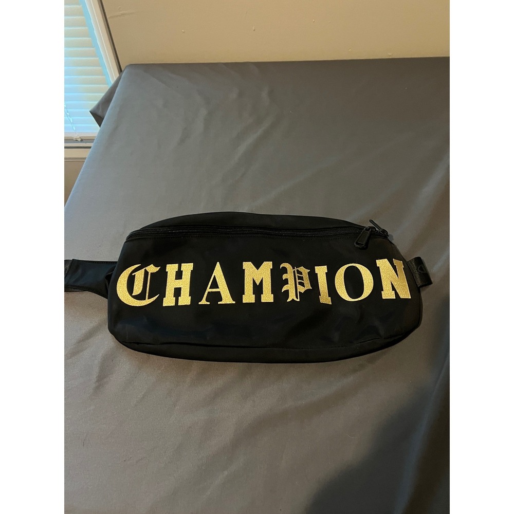 Champion Black Fanny Pack Gold Gothic Logo Waist Bag Belt Streetwear Hip Pack